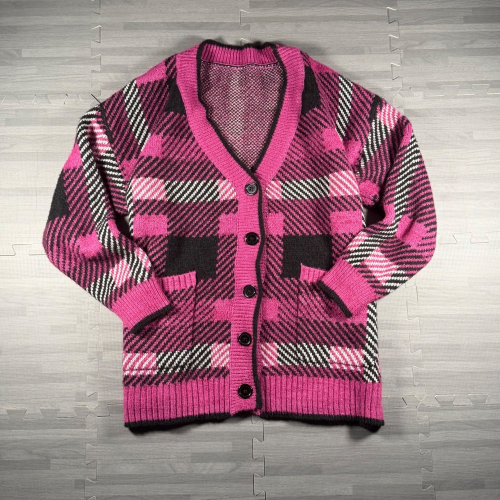 BloomChic Pink Plaid Button Front Cardigan Sweater Pockets V-Neck Knit XL